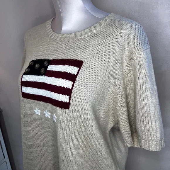 Americana American Flag Short Sleeve Knit Sweater Beige Crew Neck Grandmacore - Picture 3 of 12